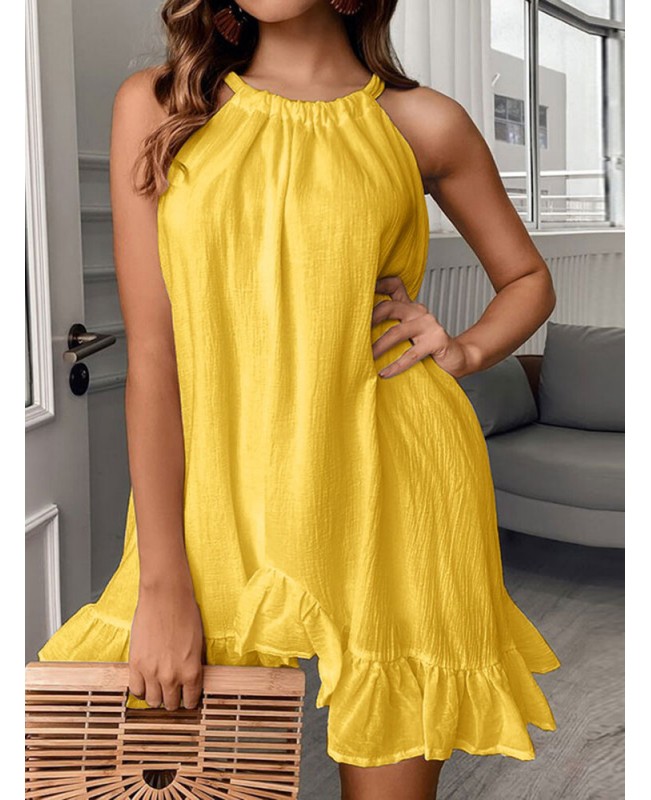 Cotton Solid Bowknot Ruffle Sleeveless Mini Dress - Black 3XL