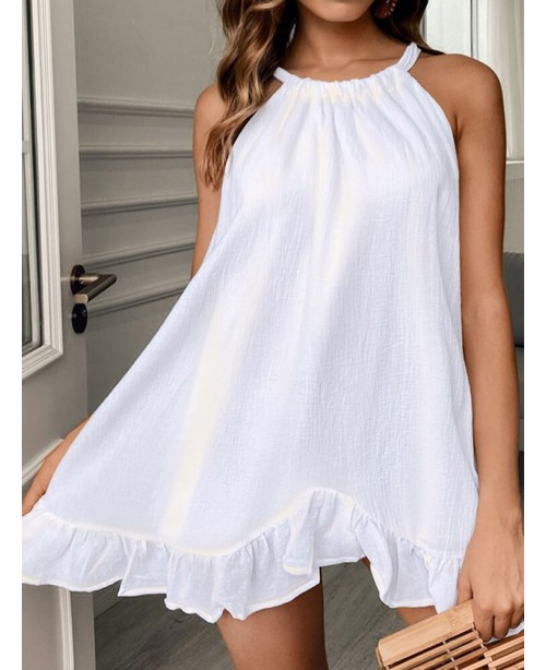 Cotton Solid Bowknot Ruffle Sleeveless Mini Dress ...