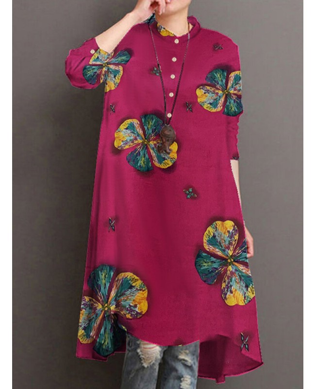 Women Cotton Button Vintage Print High-Low Hem Retro Shirt Dress - Orange S