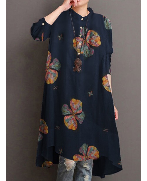Women Cotton Button Vintage Print High-Low Hem Ret...