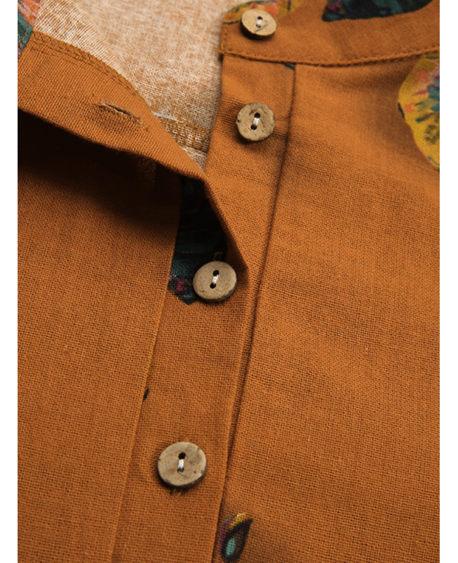 Women Cotton Button Vintage Print High-Low Hem Retro Shirt Dress - Orange S