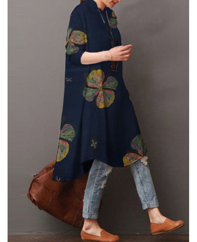 Women Cotton Button Vintage Print High-Low Hem Retro Shirt Dress - Orange S