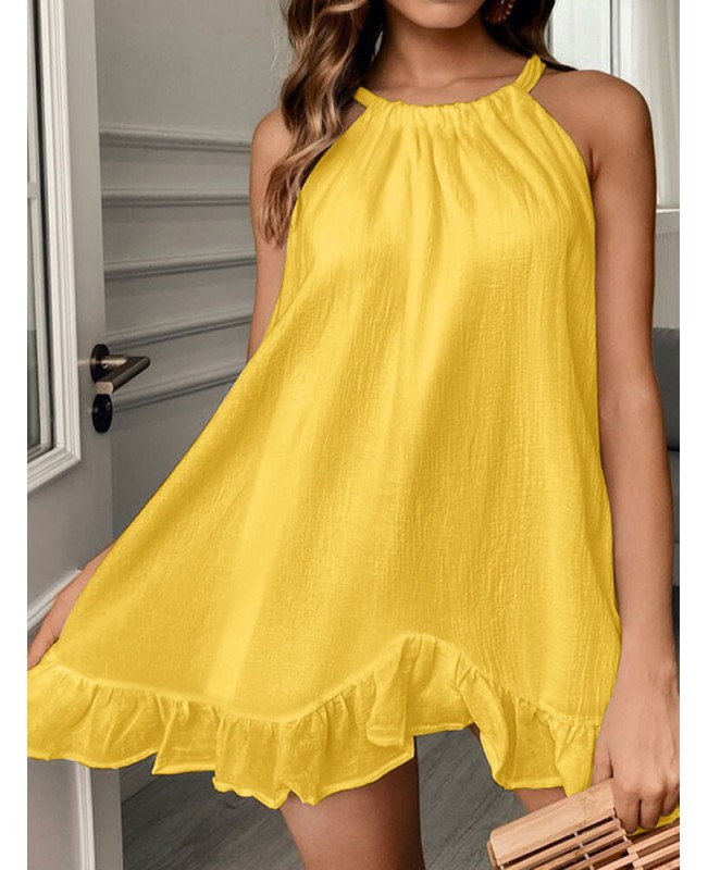 Cotton Solid Bowknot Ruffle Sleeveless Mini Dress - Black 3XL