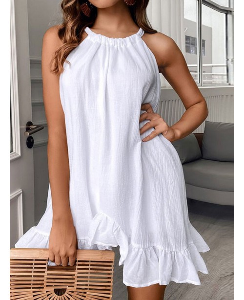 Cotton Solid Bowknot Ruffle Sleeveless Mini Dress ...