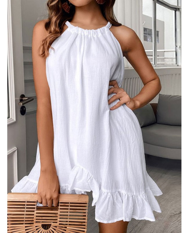 Cotton Solid Bowknot Ruffle Sleeveless Mini Dress - Black 3XL