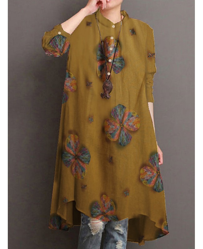 Women Cotton Button Vintage Print High-Low Hem Retro Shirt Dress - Orange S
