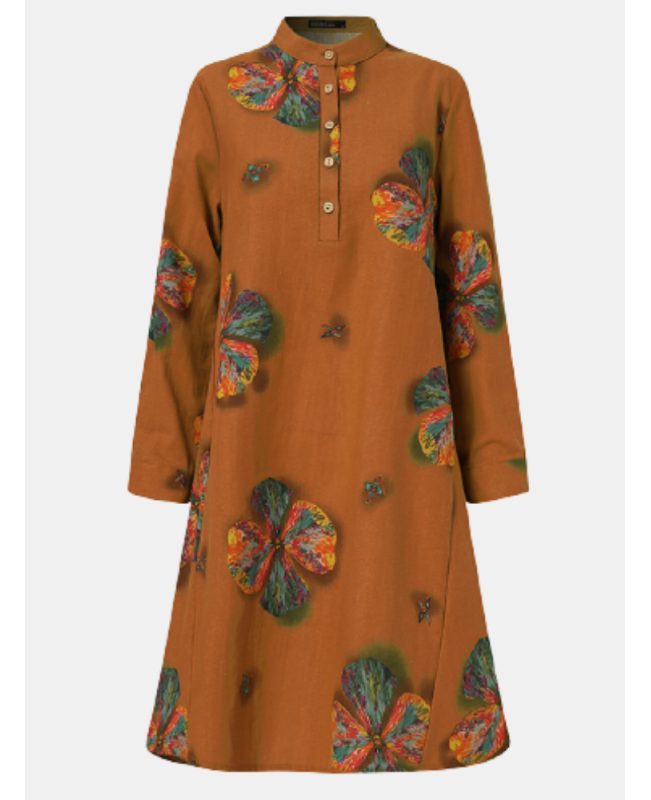 Women Cotton Button Vintage Print High-Low Hem Retro Shirt Dress - Orange S