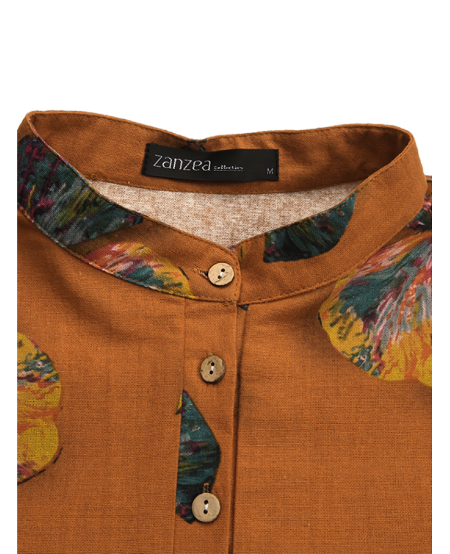 Women Cotton Button Vintage Print High-Low Hem Retro Shirt Dress - Orange S