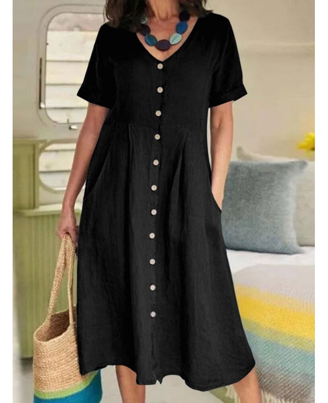 Cotton Solid Pocket Ruched Short Sleeve Casual Midi Dress - Black S