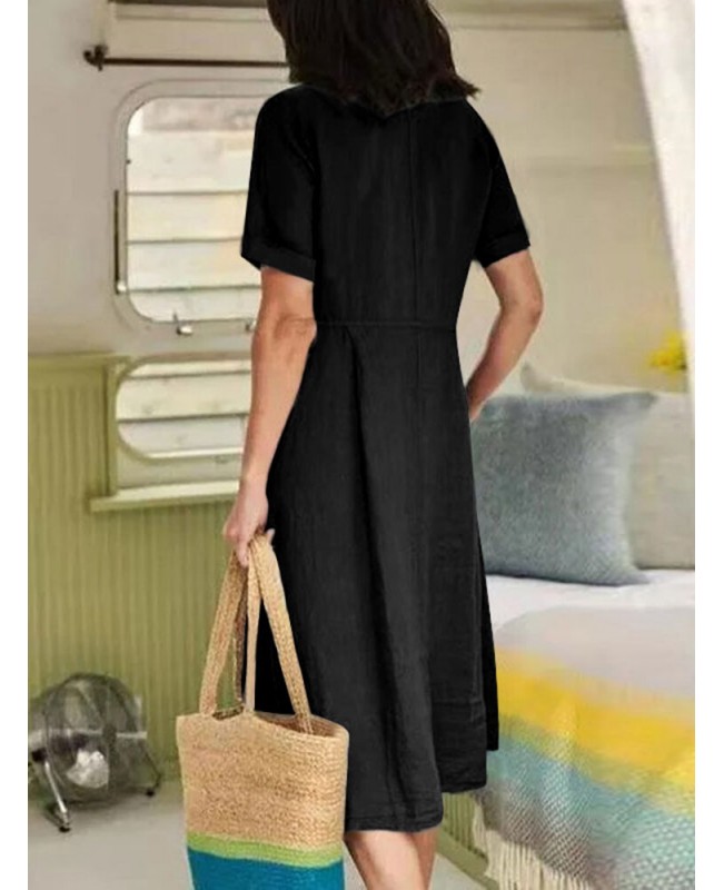 Cotton Solid Pocket Ruched Short Sleeve Casual Midi Dress - Black S