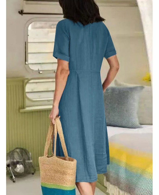 Cotton Solid Pocket Ruched Short Sleeve Casual Midi Dress - Black S