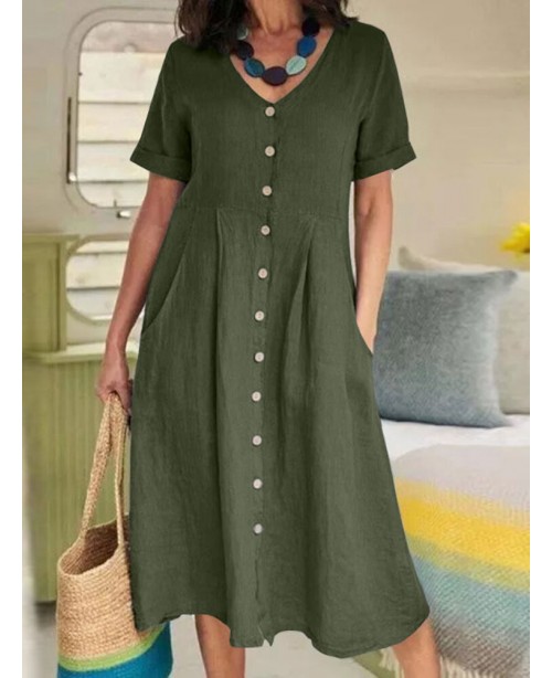 Cotton Solid Pocket Ruched Short Sleeve Casual Mid...