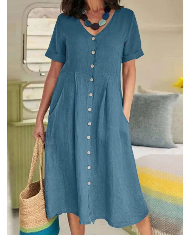 Cotton Solid Pocket Ruched Short Sleeve Casual Midi Dress - Black S