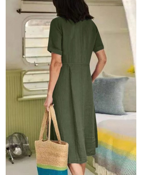 Cotton Solid Pocket Ruched Short Sleeve Casual Mid...