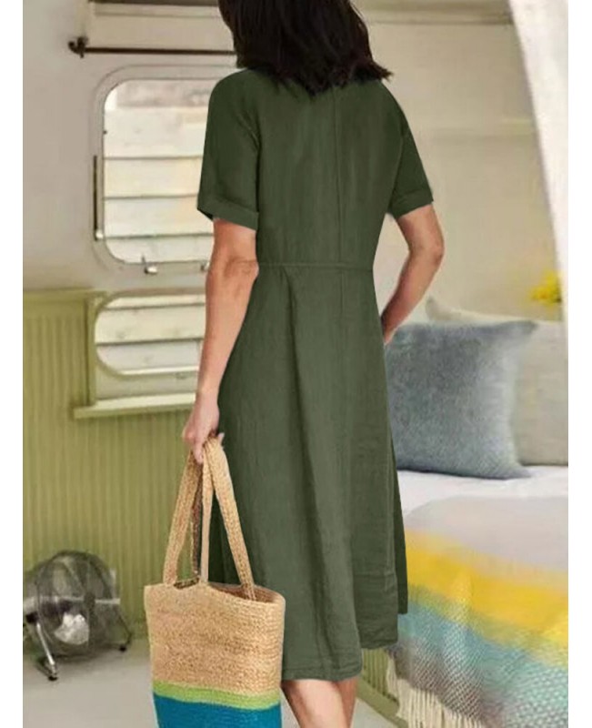 Cotton Solid Pocket Ruched Short Sleeve Casual Midi Dress - Black S