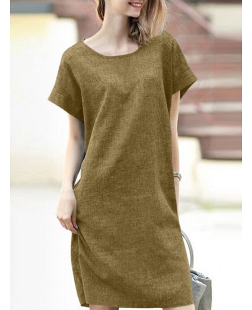 Solid Short Sleeve Round Neck Midi Casual Dress - ...
