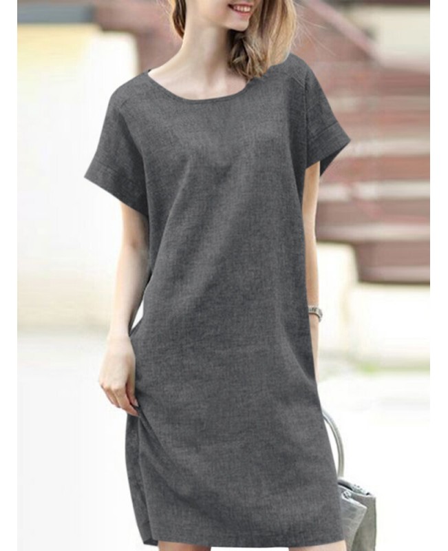 Solid Short Sleeve Round Neck Midi Casual Dress - Yellow S