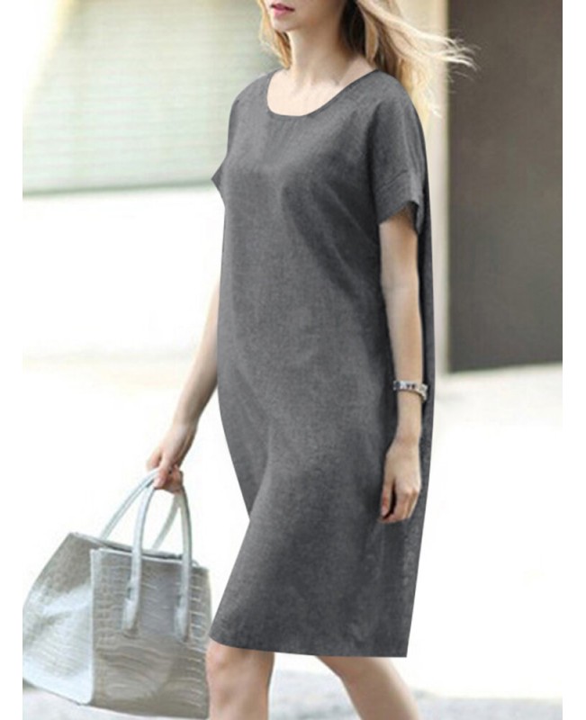 Solid Short Sleeve Round Neck Midi Casual Dress - Yellow S
