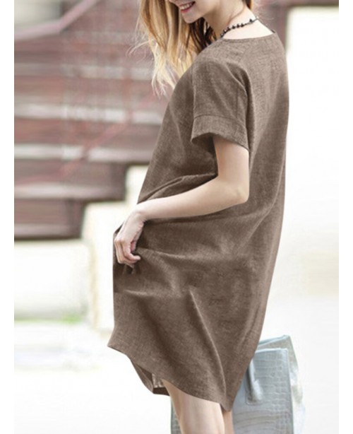 Solid Short Sleeve Round Neck Midi Casual Dress - ...