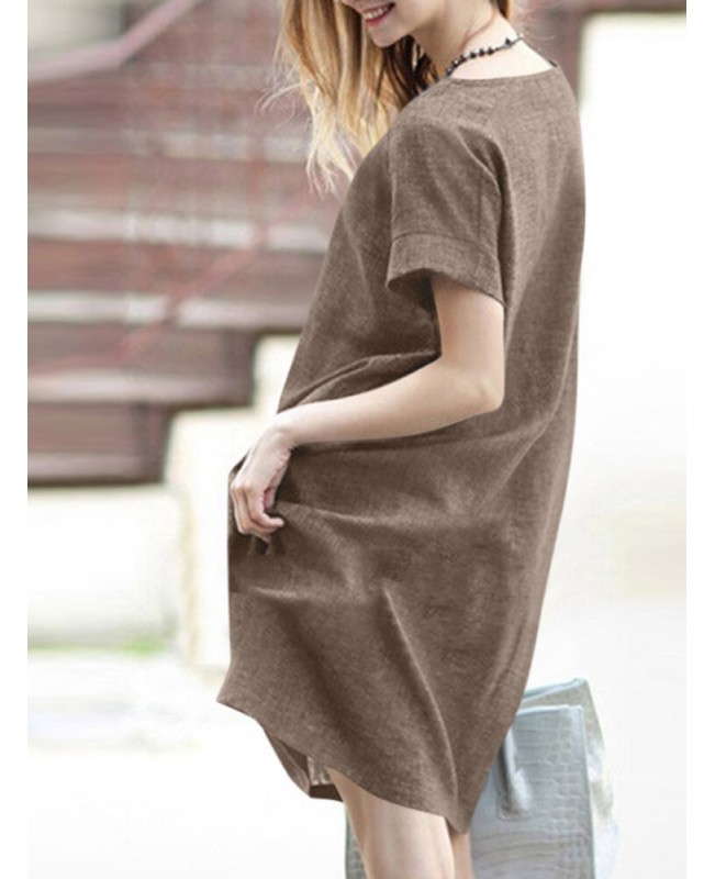 Solid Short Sleeve Round Neck Midi Casual Dress - Yellow S