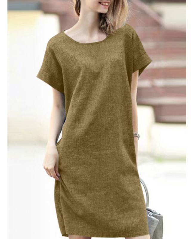 Solid Short Sleeve Round Neck Midi Casual Dress - Yellow S