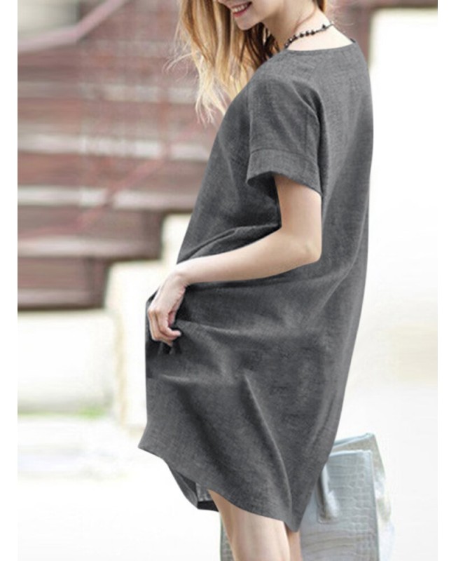 Solid Short Sleeve Round Neck Midi Casual Dress - Yellow S
