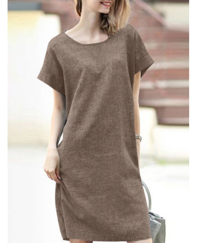 Solid Short Sleeve Round Neck Midi Casual Dress - Yellow S