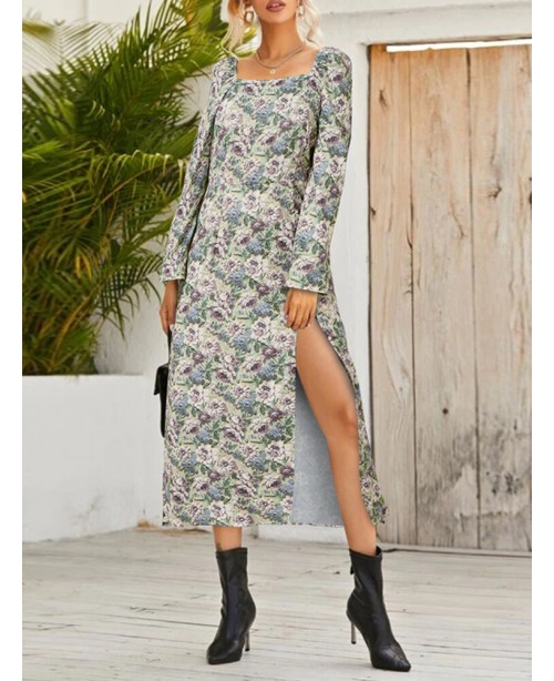 Women Floral Print Square Neck High Split Long Sle...