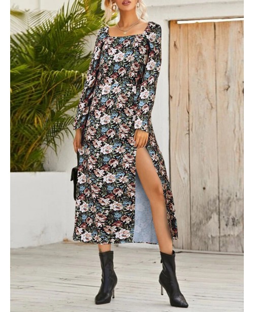 Women Floral Print Square Neck High Split Long Sle...