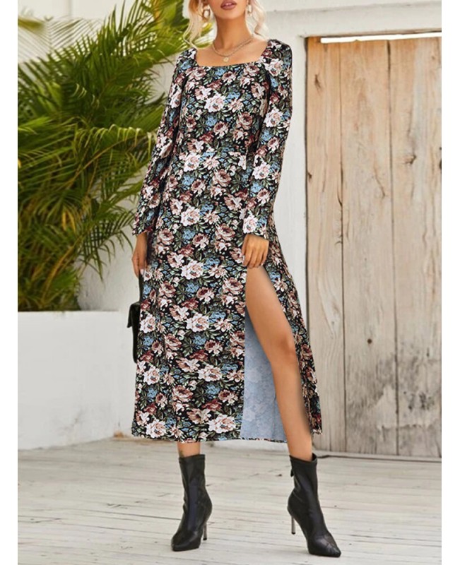 Women Floral Print Square Neck High Split Long Sleeve Slim Midi Dress - Black S