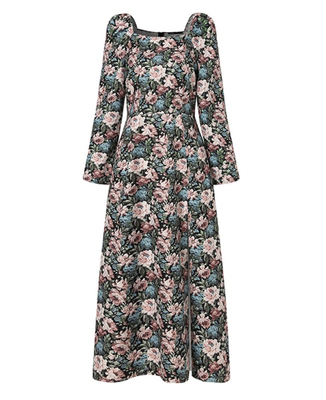 Women Floral Print Square Neck High Split Long Sleeve Slim Midi Dress - Black S