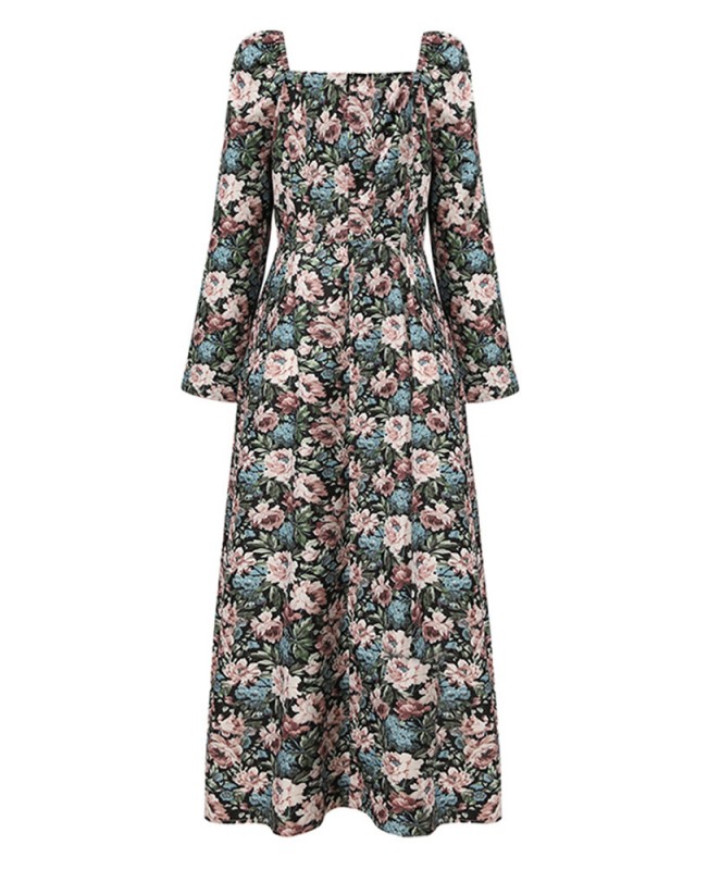 Women Floral Print Square Neck High Split Long Sleeve Slim Midi Dress - Black S