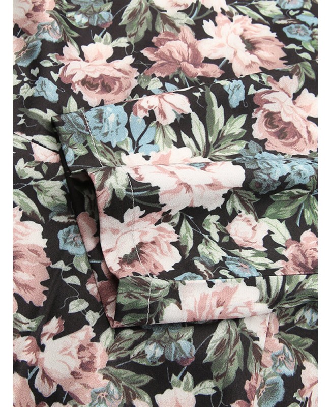 Women Floral Print Square Neck High Split Long Sleeve Slim Midi Dress - Black S