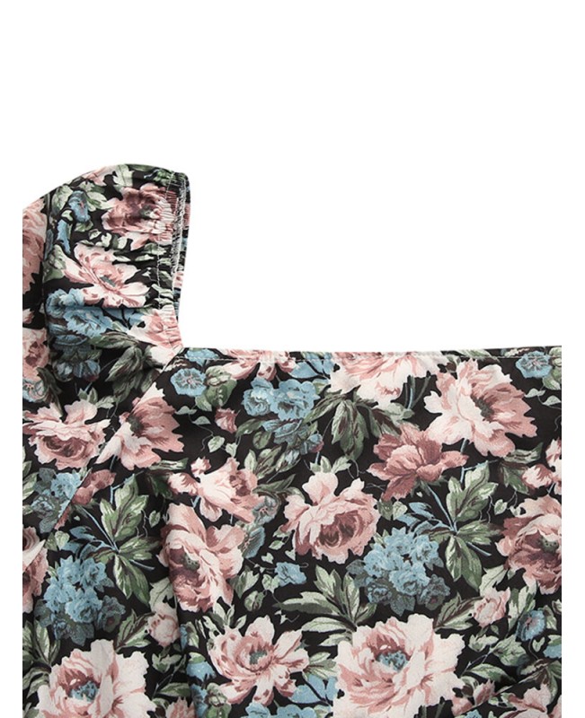 Women Floral Print Square Neck High Split Long Sleeve Slim Midi Dress - Black S