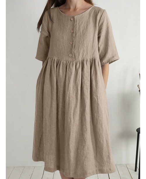 Solid Button Ruched Half Sleeve Casual Cotton Midi...