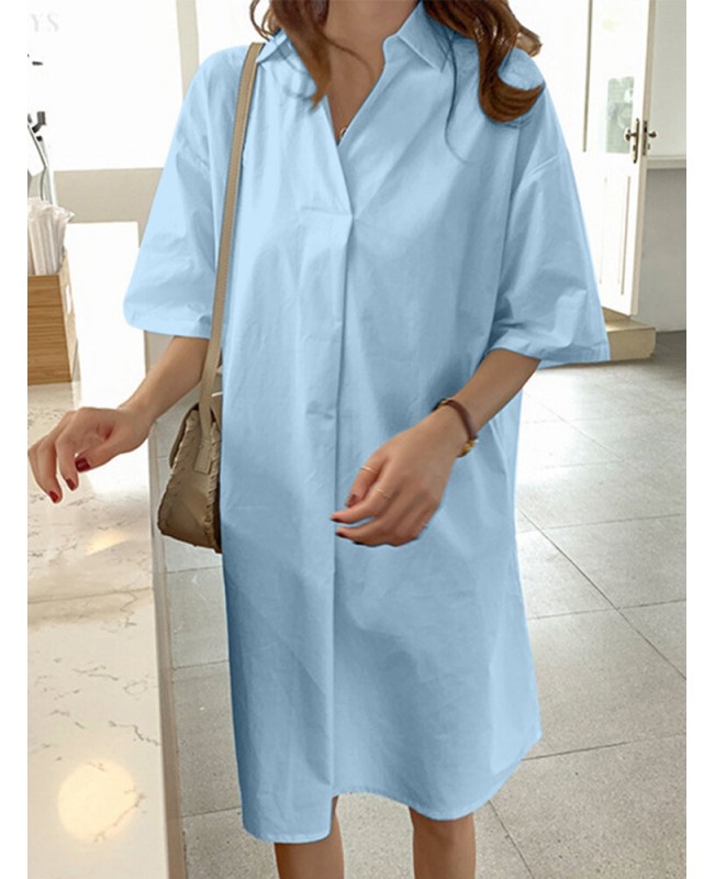 Solid Lapel Half Sleeve Casual Dress - Black L