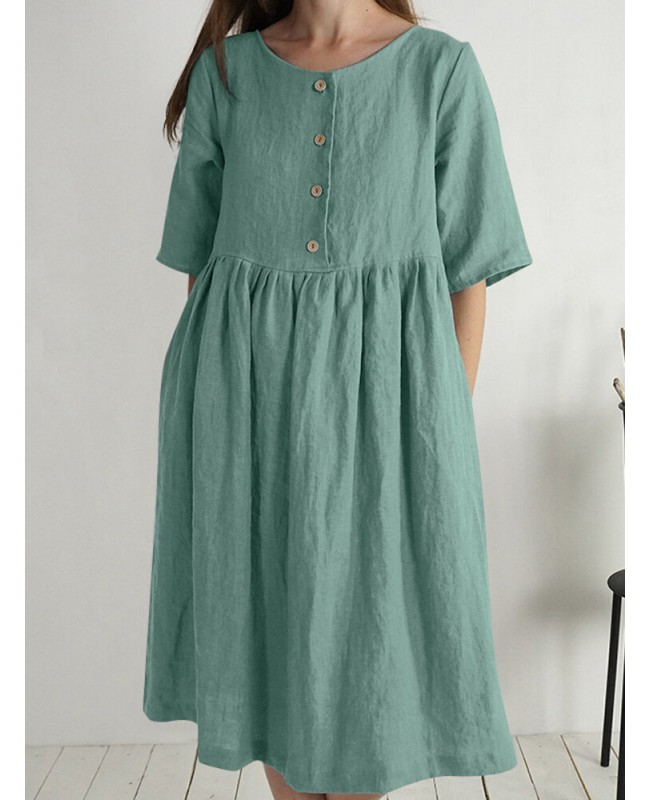 Solid Button Ruched Half Sleeve Casual Cotton Midi Dress - Green S