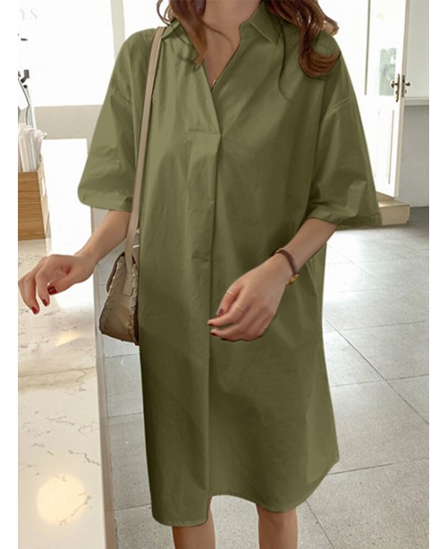 Solid Lapel Half Sleeve Casual Dress - Black L