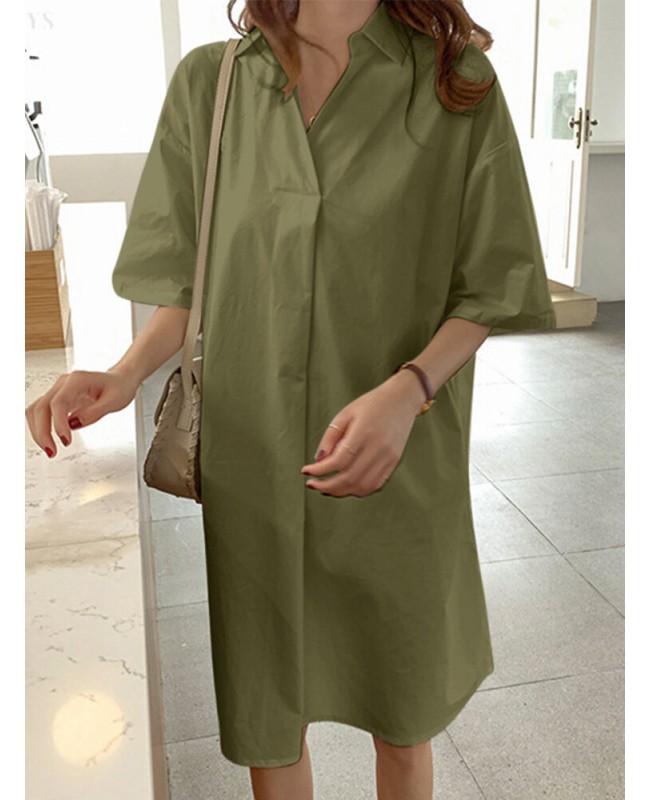 Solid Lapel Half Sleeve Casual Dress - Black L