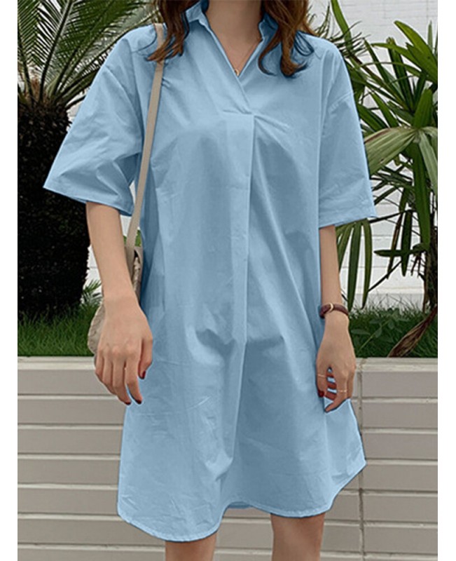 Solid Lapel Half Sleeve Casual Dress - Black L
