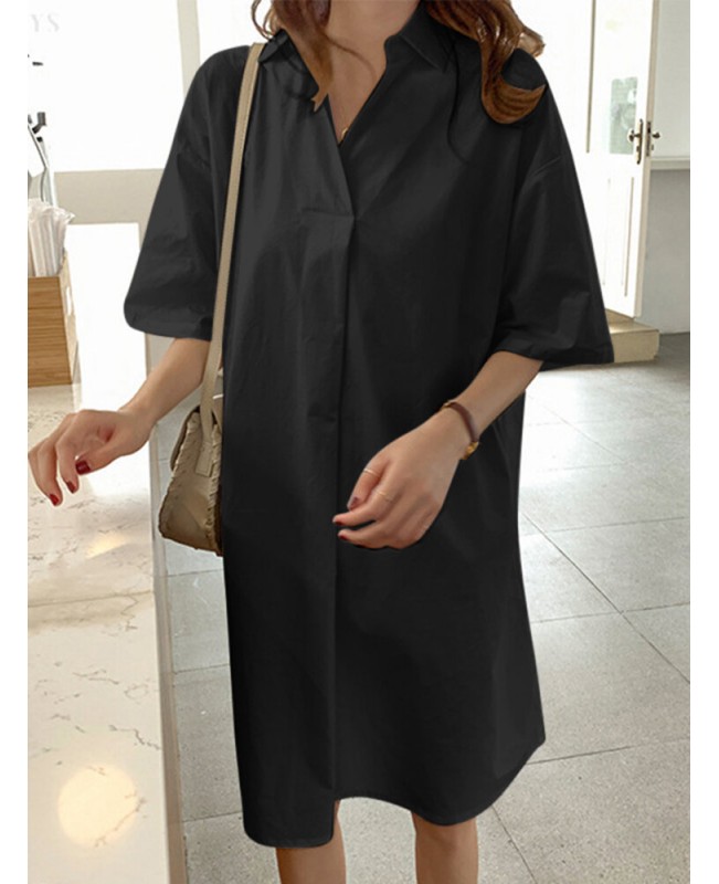 Solid Lapel Half Sleeve Casual Dress - Black L