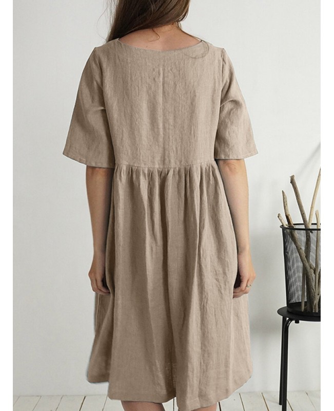 Solid Button Ruched Half Sleeve Casual Cotton Midi Dress - Green S