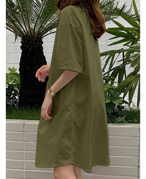 Solid Lapel Half Sleeve Casual Dress - Black L