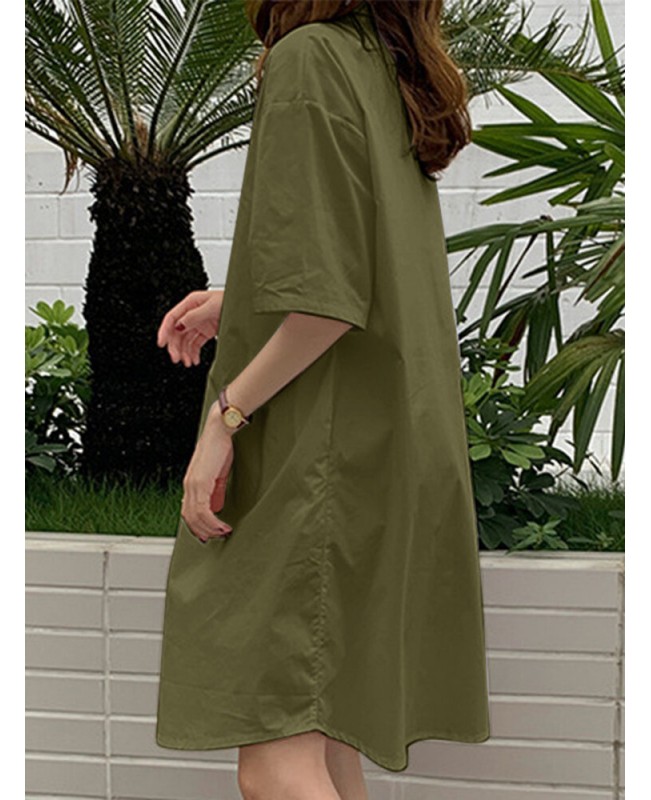 Solid Lapel Half Sleeve Casual Dress - Black L