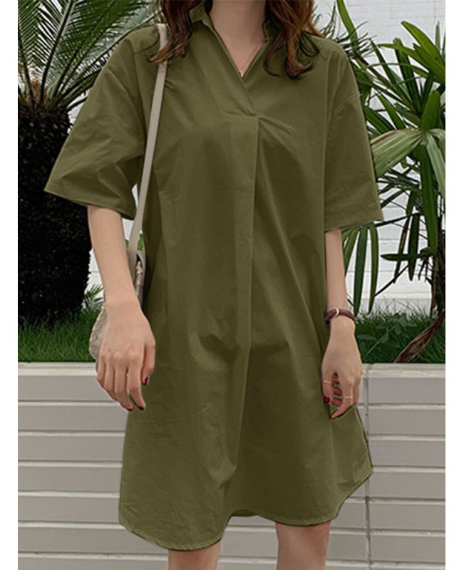 Solid Lapel Half Sleeve Casual Dress - Black L