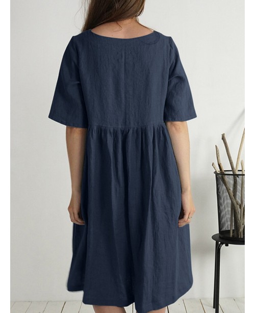 Solid Button Ruched Half Sleeve Casual Cotton Midi...