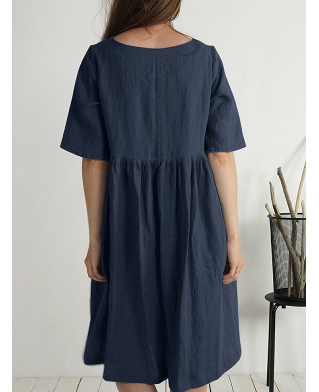 Solid Button Ruched Half Sleeve Casual Cotton Midi Dress - Green S