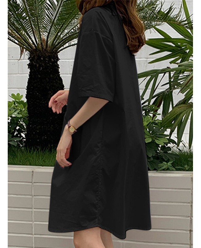Solid Lapel Half Sleeve Casual Dress - Black L