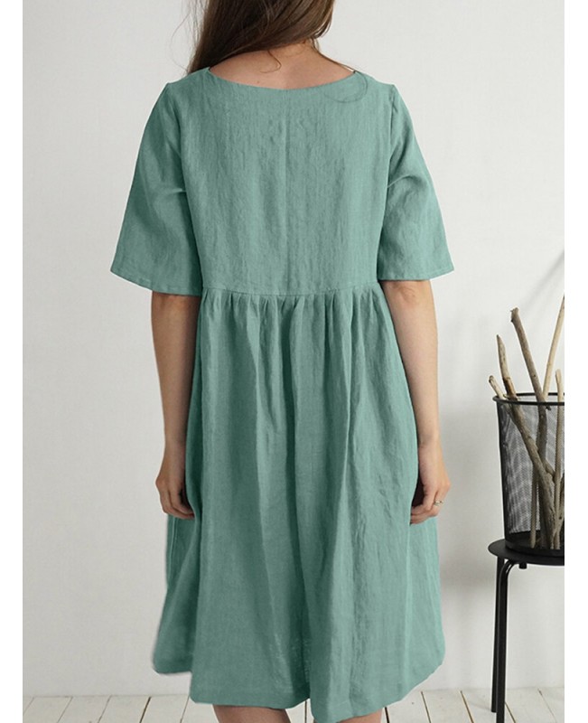 Solid Button Ruched Half Sleeve Casual Cotton Midi Dress - Green S