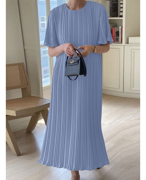 Solid Pleated Short Sleeve Crew Neck Casual Dress ...